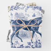 Elegant  Blauw Beige Grijs Paard Bloemen Toile Inpakpapier Vel (In situ)