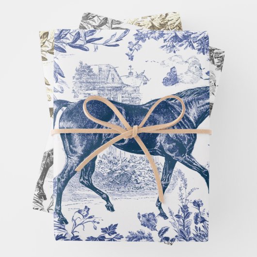 Elegant  Blauw Beige Grijs Paard Bloemen Toile Inpakpapier Vel (In situ)