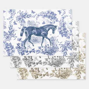 Elegant  Blauw Beige Grijs Paard Bloemen Toile Inpakpapier Vel