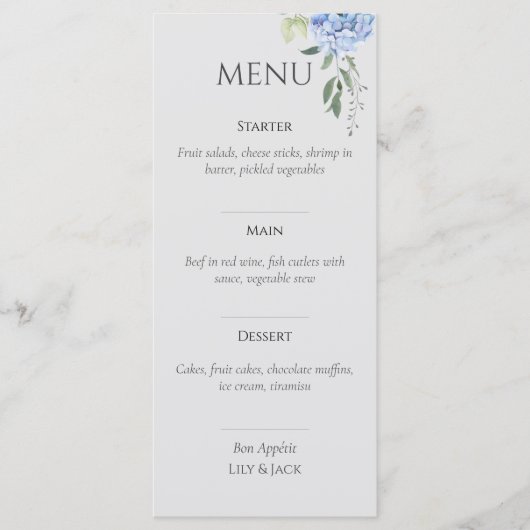Elegant Blauw Beige Hydrangea Bruiloft Menu (Voorkant)