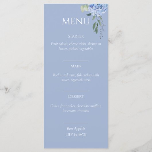 Elegant Blauw Beige Hydrangea Bruiloft Menu (Voorkant)