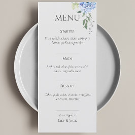 Elegant Blauw Beige Hydrangea Bruiloft Menu