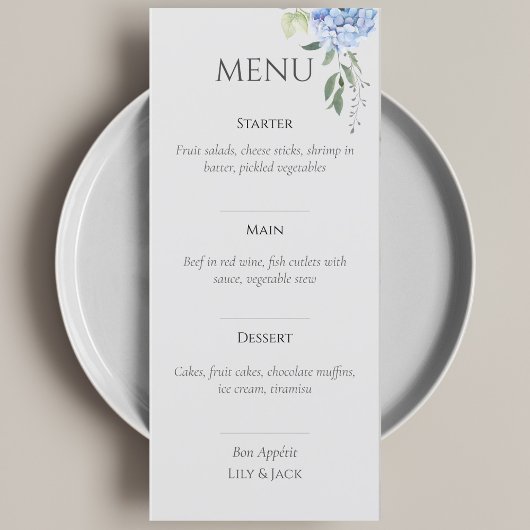 Elegant Blauw Beige Hydrangea Bruiloft Menu