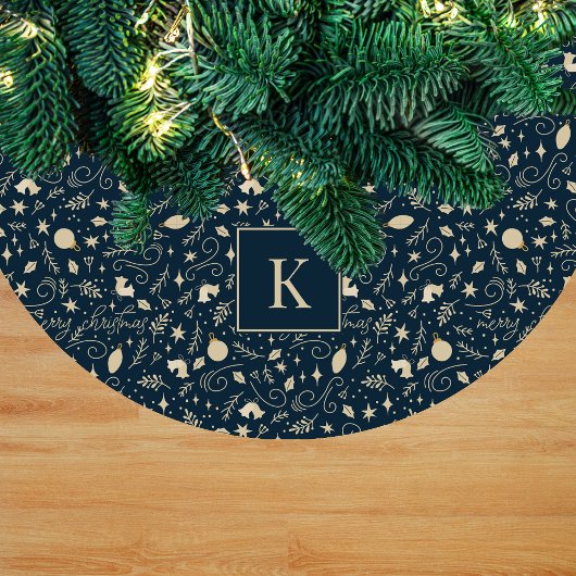 Elegant Blauw & Beige Kerst Element Monogram Fleece Kerstboom Rok