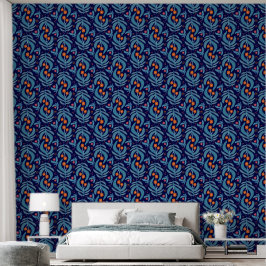 Elegant Blauw Blad Sinaasappel Rood Bloemen Plante Behang