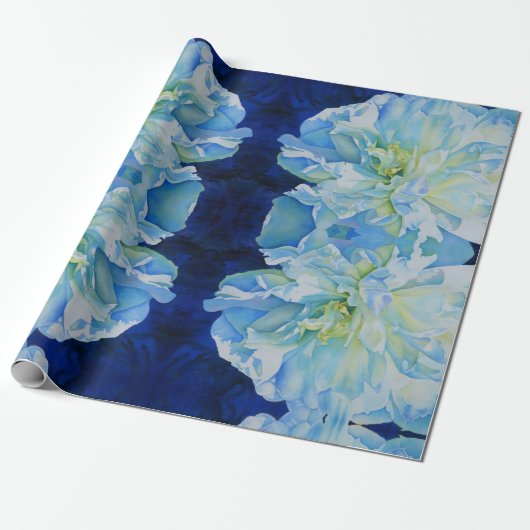 Elegant blauw blauwgroen bloemen waterverf cadeaupapier (Uitgerold)