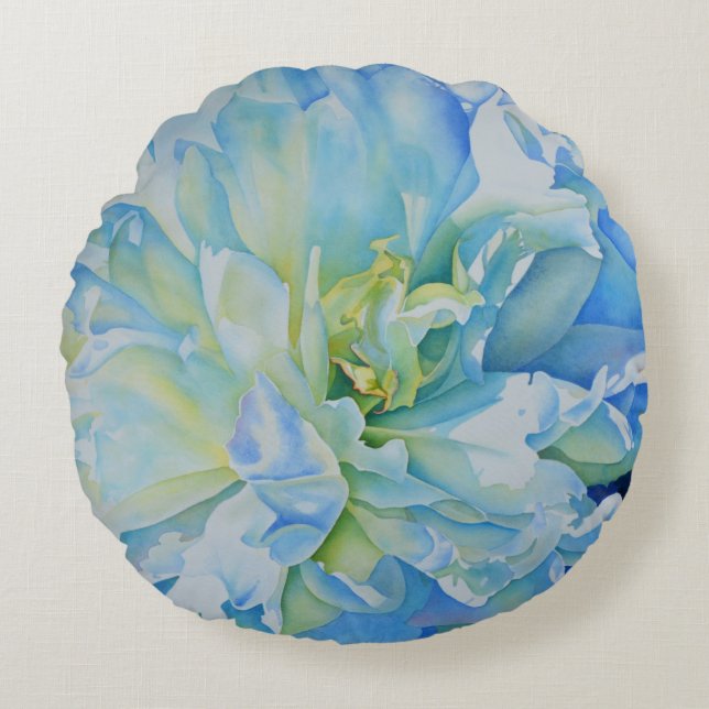 Elegant blauw blauwgroen bloemen waterverf rond kussen (Voorkant)