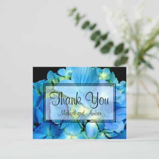 Elegant blauw blauwgroen bloemhortensia's blauw ro bedankkaart (Staand voorkant)