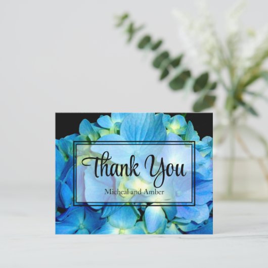 Elegant blauw blauwgroen bloemhortensia's blauw ro bedankkaart (Staand voorkant)