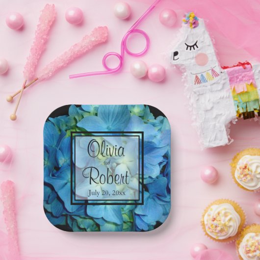 Elegant blauw blauwgroen bloemhortensia's blauw ro papieren bordje (Feest)