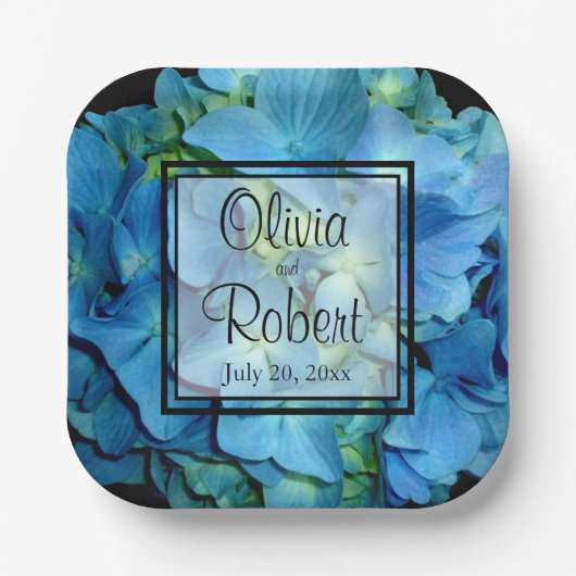 Elegant blauw blauwgroen bloemhortensia's blauw ro papieren bordje (Voorkant)