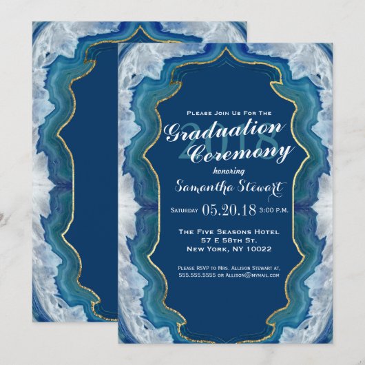 Elegant blauw Blauwgroen Geode Patroon Afstuderen Kaart (Voorkant / Achterkant)