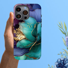 Elegant Blauw Blauwgroen Lila Gouden Bloemen Monog iPhone 16 Pro Max Hoesje