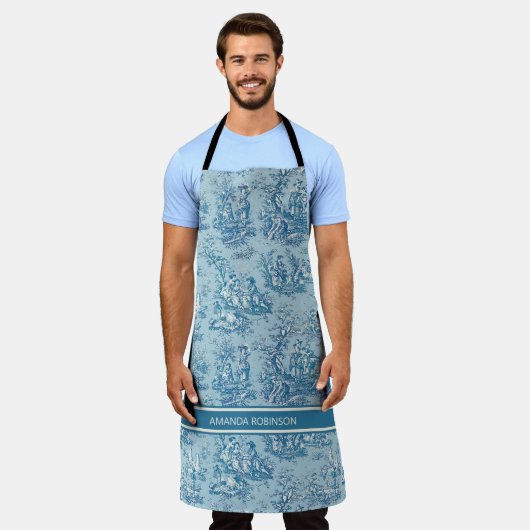 Elegant blauw blauwgroen toile de jouy bedrukt schort (Gedragen)