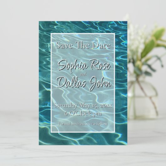 Elegant blauw blauwgroen waterpatroon oceaanmeergo save the date (Staand voorkant)