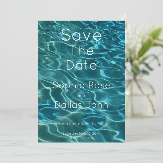Elegant blauw blauwgroen waterpatroon oceaanmeergo save the date (Staand voorkant)