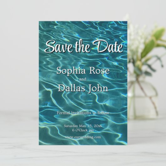 Elegant blauw blauwgroen waterpatroon oceaanmeergo save the date (Staand voorkant)