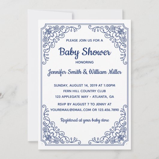 Elegant Blauw bloeiende werveling lijst Baby showe Kaart (Voorkant)