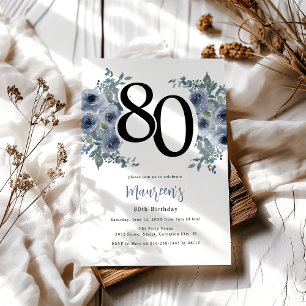 Elegant Blauw Bloem 80ste Verjaardag Kaart