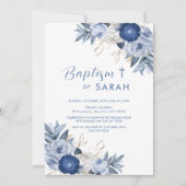 Elegant Blauw Bloem Doopsel Kruis Kaart (Voorkant)