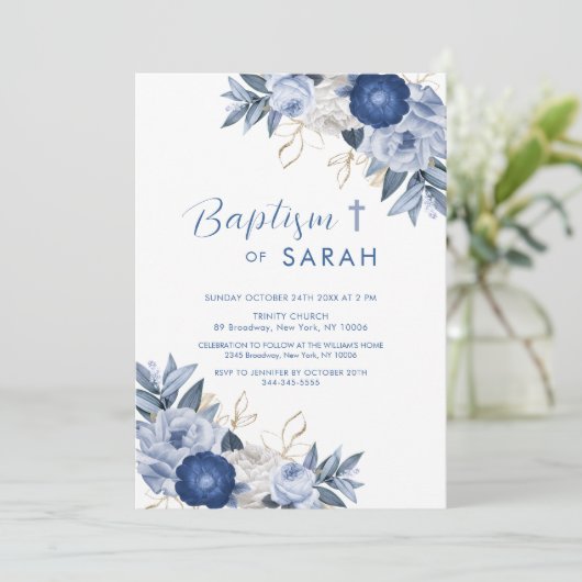 Elegant Blauw Bloem Doopsel Kruis Kaart (Staand voorkant)