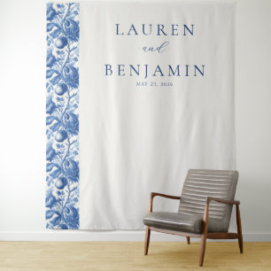 Elegant Blauw Bloem- en Fruitmotief Wandkleed