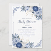  Elegant Blauw Bloem Lijst Baby shower Kaart (Voorkant)