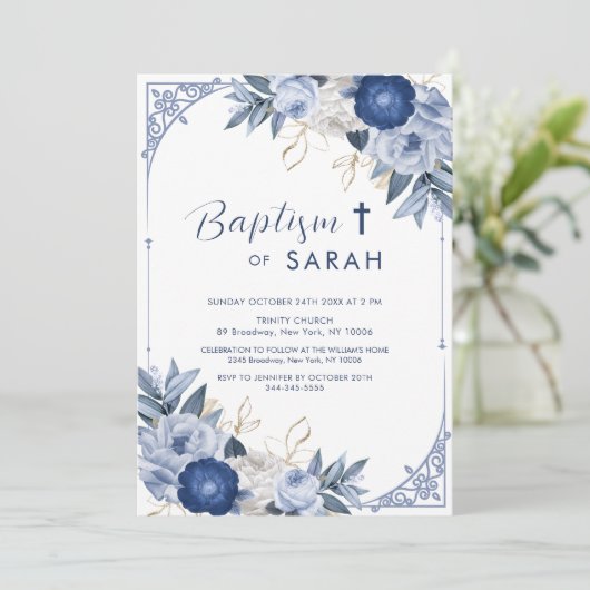 Elegant Blauw Bloem Lijst Dekdoop Kaart (Staand voorkant)