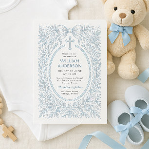 Elegant Blauw Bloem Motief Doop Kader Ontwerp Kaart