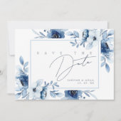 Elegant Blauw Bloem Motief Frame Monogram Save The Date (Voorkant)
