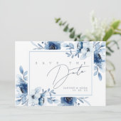 Elegant Blauw Bloem Motief Frame Monogram Save The Date (Staand voorkant)