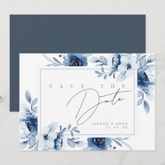 Elegant Blauw Bloem Motief Frame Monogram Save The Date (Voorkant / Achterkant)