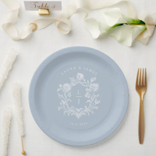 Elegant Blauw Bloem Wapenschild Monogram Trouwdag Papieren Bordje