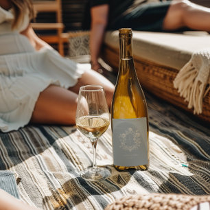 Elegant Blauw Bloem Wapenschild Monogram Trouwdag Wijn Etiket