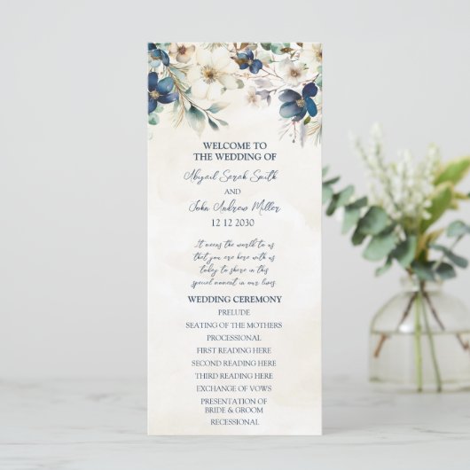 Elegant Blauw Bloem Winter Bruiloftsprogramma Programmakaart (Staand voorkant)