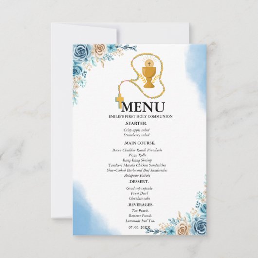 Elegant Blauw Bloemen 1e Communie Party Menu Kaart (Voorkant)
