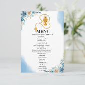 Elegant Blauw Bloemen 1e Communie Party Menu Kaart (Staand voorkant)