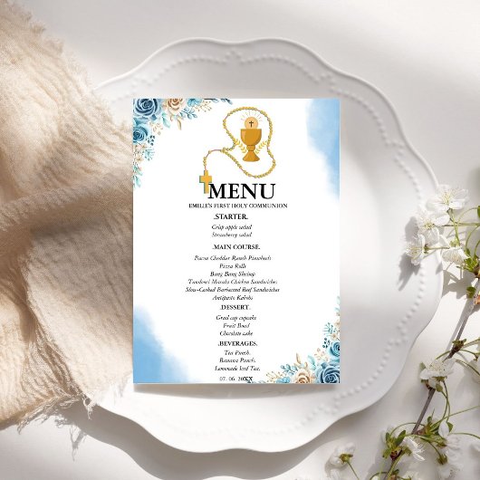 Elegant Blauw Bloemen 1e Communie Party Menu Kaart