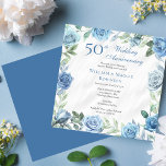 Elegant Blauw Bloemen 50ste Bruiloft Jubileum Part Kaart<br><div class="desc">Elegant blauw en wit met schemerige salie groen groen groen bloemenbruiloft lijst jubileum viering ontwerp.</div>