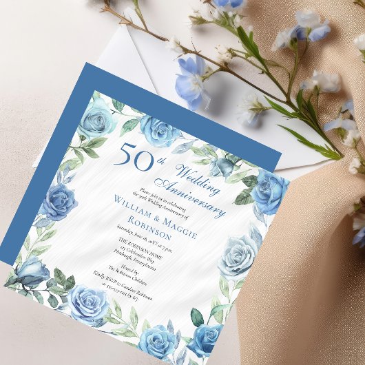 Elegant Blauw Bloemen 50ste Bruiloft Jubileum Part Kaart
