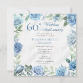 Elegant Blauw Bloemen 60e Bruiloft Jubileum Party Kaart (Voorkant)