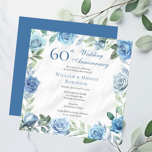 Elegant Blauw Bloemen 60e Bruiloft Jubileum Party Kaart
