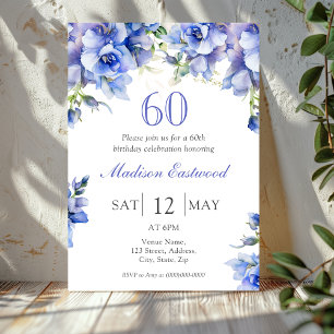 Elegant Blauw Bloemen 60ste Verjaardag Uitnodiging