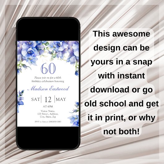 Elegant Blauw Bloemen 60ste Verjaardag Uitnodiging