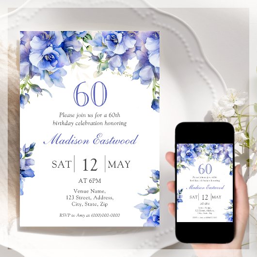 Elegant Blauw Bloemen 60ste Verjaardag Uitnodiging