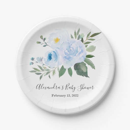 Elegant Blauw Bloemen Baby shower Bord (Voorkant)