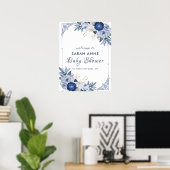  Elegant Blauw Bloemen Baby shower Welkom Poster (Thuiskantoor)