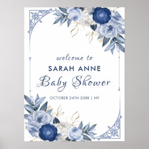 Elegant Blauw Bloemen Baby shower Welkom Poster