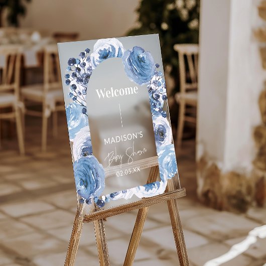 Elegant Blauw Bloemen Baby shower Welkomstbord Acryl Bord