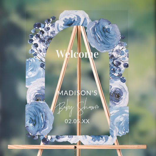 Elegant Blauw Bloemen Baby shower Welkomstbord Acryl Bord (Neutraal)